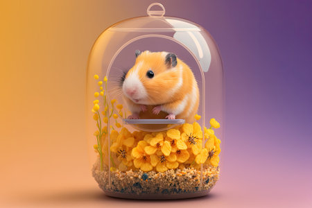 Cute hamster in cage eating seed on color background. Generative AIの素材