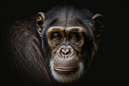 Close up portrait Chimpanzees look straight ahead and are alone on a black background. Generative AIの素材