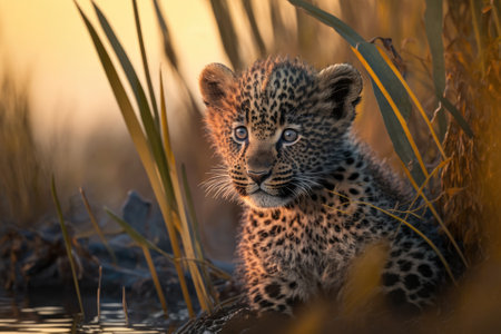 On January 9, 2023, a young leopard cub is seen in the Okavango Delta. Generative AIの素材
