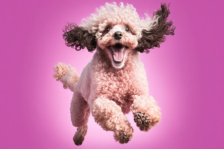 Jumping dog is funny and active. A small poodle with a smile on a pink background. Generative AIの素材