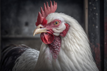 Portrait of a white hen on a gray background of a farm in the country. Close up of a chicken with a red scallop and a dirty beak. The chicken is near a chicken coop. Write your text here. Generative AIの素材