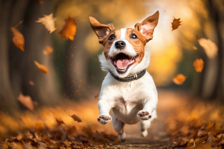 Dog breed Jack Russell Terrier having fun in a park in the fall. Generative AIの素材