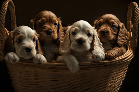 In the house, there is a basket with four Cocker Spaniel puppies in it. Love for dogs. Cocker Spaniel pups are born. Generative AIの素材