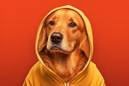 Dog in a red hooded sweatshirt. A dressed up golden retriever sits on a yellow background. Generative AIの素材