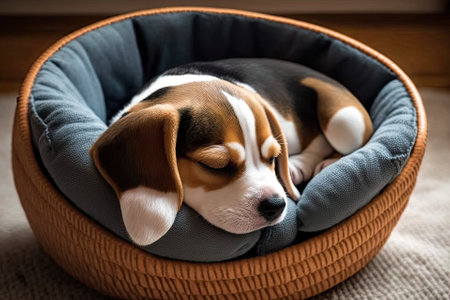 Cute Beagle puppy at home sleeping in a dog bed. Adorable pet. Generative AIの素材