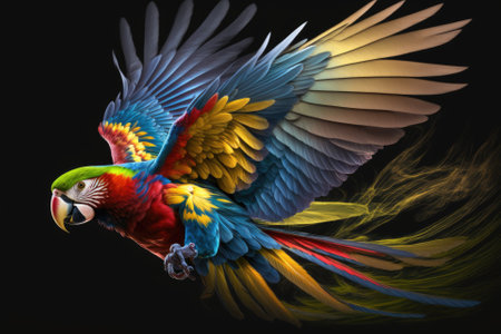 Flying Ara, a beautiful parrot with bright colors, on a dark background. Generative AIの素材