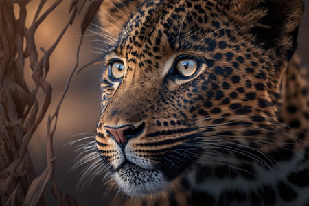 Close up picture of a young leopard in nature. Generative AIの素材