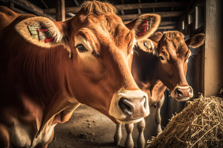 Red jersey cows stand in a stall and eat hay. Dairy farm animals as a business. Generative AIの素材