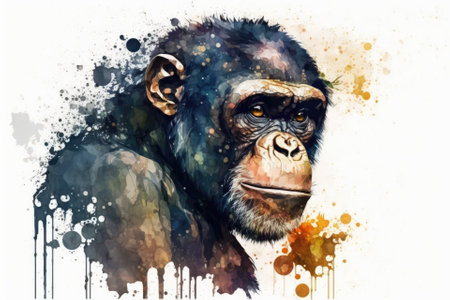 Monkey Business. Watercolor picture of a monkey or chimpanzee. African animals. Exotic nature. Wildlife. Generative AIの素材