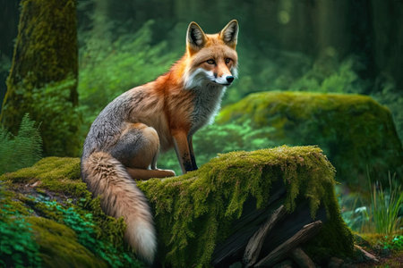 Fox in green forest. Red Fox, Vulpes vulpes, sitting on mossy stone in the forest. Scene of wildlife in the wild. Animal in nature habitat. Animal in green environment. Generative AIの素材