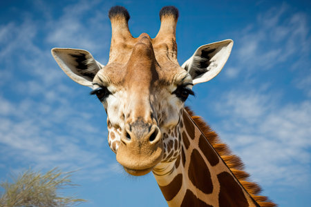 Giraffe (Giraffa camelopardalis) portrait with blue sky, looking at the camera, Kruger National Park, South Africa. Generative AIの素材