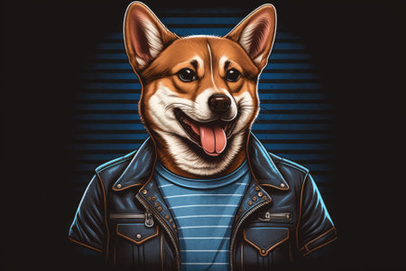 Funny dog Shiba Inu wearing a leather jacket and striped t shirt with a happy, cocky, and relaxed smile on its face. The bad guy is cool and chill. Fun joke animal theme. Background is blue. Generative AIの素材