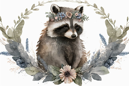 Hand drawn watercolor animal portrait of a cute racoon with flowers and a wreath. Generative AIの素材