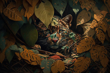 In the jungle, a tiger hides in the leaves. Leaf painting of a wild cat. Generative AIの素材