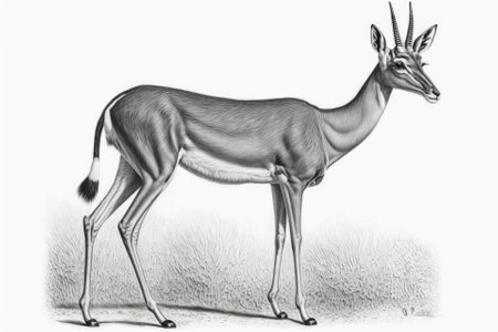 Gerenuk, giraffe gazelle (Litocranius walleri), African antelope, realistic drawing, illustration for animal encyclopedia, image on white background. Generative AIの素材