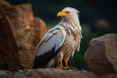Egyptian vulture, Neophron percnopterus, big bird of prey sitting on the stone in natural habitat, Madzarovo, Bulgaria, Eastern Rhodopes. It has a yellow beak and is white. Wild birds of prey in the w. Generative AIの素材