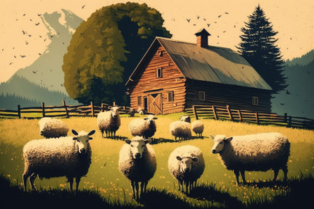 Farm with animals, flock of sheep. Generative AIの素材