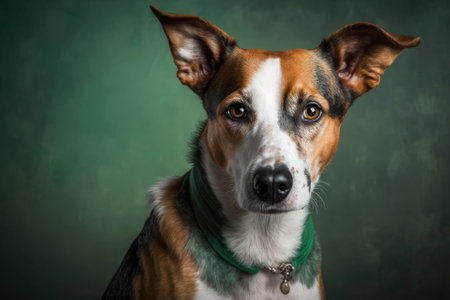 In the Studio shot, there is a portrait of a beautiful dog on a green background. Cute pet selective attention. Pet Lover concept . Pets indoors. Care for pets and ideas about animals. From the front. Generative AIの素材