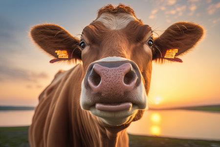 Portrait smile Jersey cow sticks out tongue at sunset. Think of funny animal pictures. Generative AIの素材