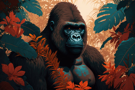 One of the male gorillas has strong shoulders. Close up of a gorilla surrounded by tropical flowers and leaves. Picturesque portrait Wildlife animal. Digital illustration. Generative AIの素材