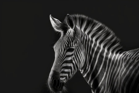 One zebra on a black background, seen from the side. Black and white art photography, striped animal pattern, african wild nature monochrome wallpaper, copy space. Generative AIの素材