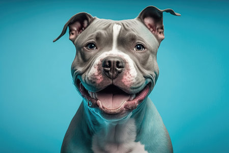 Happy, smiling American bully dog in a picture. Stands out against a blue background. Generative AIの素材