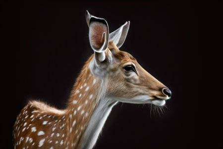 Male fallow deer seen from the side up close (Dama dama). Wild animal looking to the right, isolated on a black background with copy space. Generative AIの素材