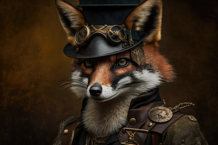 Portrait of a fox who is a foot soldier in a steampunk world. Tintype, Victorian, Vintage, Gritty, Shallow Depth of Field. [Digital Art, Illustration, Portrait of an Animal Character, Science Fiction,. Generative AIの素材