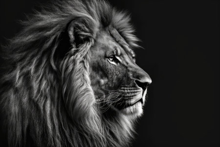 On a dark background, a lion. Picture in black and white. Generative AIの素材