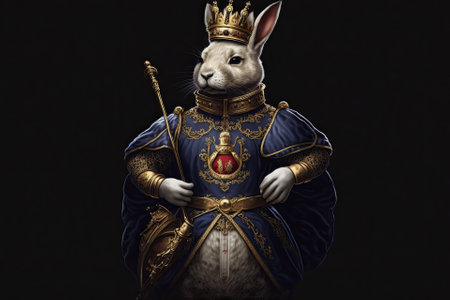 Graphic design of an anthropomorphic rabbit dressed up as a royal member with a gold crown and fancy clothes. Isolated on a dark background for easy cropping. Generative AIの素材