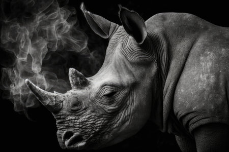 Portrait of a rhinoceros on a black background for adverb or website, webshop. Photo smoke rhino. Generative AIの素材