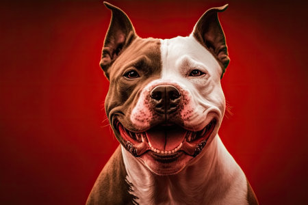 Happy, smiling American bully dog in a picture. Stands out against a red background. Generative AIの素材