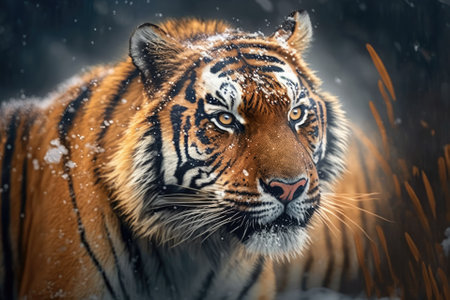 Portrait closeup An adult tiger in the cold. Tiger snow in the wild of winter. Siberian tiger, dangerous animal in a wild scene with action. Generative AIの素材