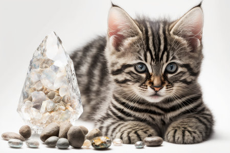 Tabby cat with crystals, taken in a studio with a white background and still a kitten. Very cute. Crystal healing with fur and stripes. Generative AIの素材