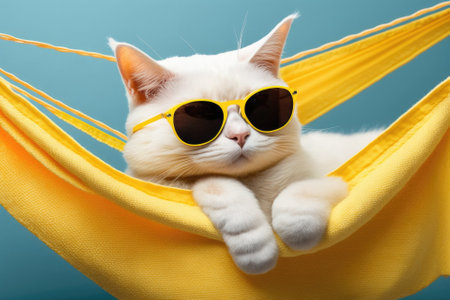 Portrait of a cute white cat with sunglasses and a shirt on. The cat is lying on a fabric hammock, and the background is yellow. Generative AIの素材