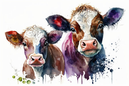 Watercolor drawing of cute cows on white background. Generative AIの素材