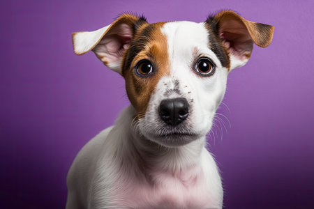 Pretty dog puppy Jack Russell Terrier wants to play and needs attention, isolated on purple studio background. portrait copy space for advertisement. animals, pets, dogs concept. Generative AIの素材