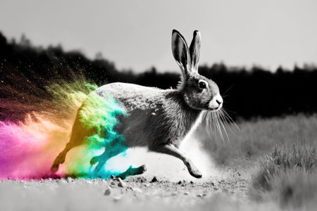 Photography in black and white with color run hare. Generative AIの素材