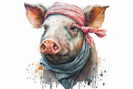 Funny pig wearing bandana. By itself on white. A cute watercolor picture. Generative AIの素材