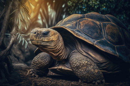 The Aldabra giant tortoise, an endemic species, is one of the biggest tortoises in the world. It lives in the Mauritius island zoo nature park. Huge reptile portrait. The idea of traveling with exotic. Generative AIの素材