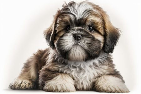 On a white background is a picture of a young and happy Shi tzu dog puppy. Animal based. Generative AIの素材