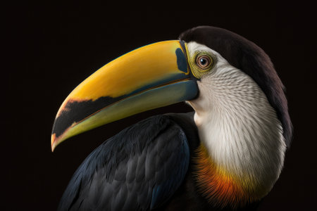 Portrait of a white throated toucan on a black background. Generative AIの素材