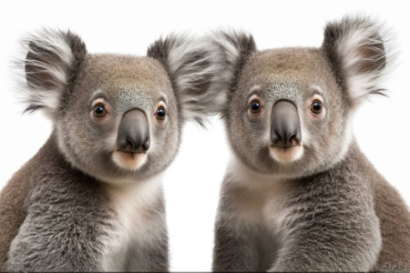 Portrait of Koala bears, Phascolarctos cinereus, 4 years old and 9 months old, in front of a white background. Generative AIの素材