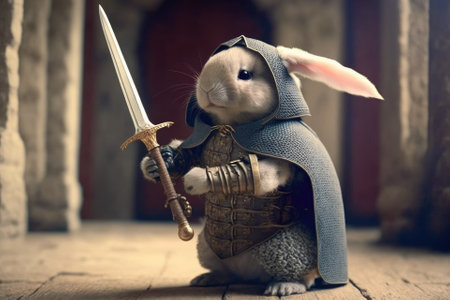 Rabbit in armor and a sword, looking cute and funny. Generative AIの素材