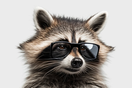 Portrait of a funny raccoon wearing sunglasses and making a sign, set against a white background. Generative AIの素材