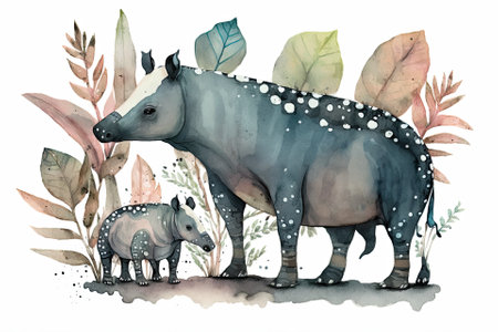 The mother tapir and her cub. Watercolor drawing made by hand. Generative AIの素材