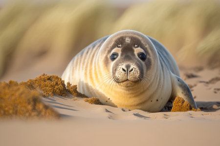Seal on beach on dune island near helgoland, wild ocean, marine wildlife, germany, helgoland and dune, a lot of seals, very cute. Generative AIの素材