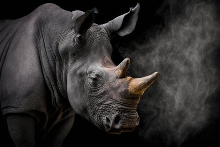 Portrait of a rhinoceros on a black background for adverb or website, webshop. Photo smoke rhino. Generative AIの素材