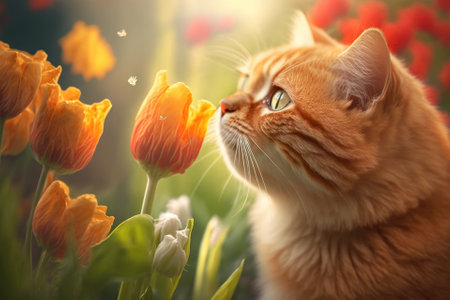 Red cat smells like a tulip. A close up of a cute, beautiful orange cat sniffing flowers in a garden. Lovely scenery in the background. Wildflowers and a fluffy pet. At home on a cozy morning. Generative AIの素材