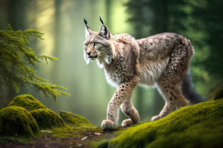 Lynx, a wild cat from Eurasia, walking on mossy green stone with a green forest in the background. Germany is home to a beautiful animal in its natural habitat. Generative AIの素材